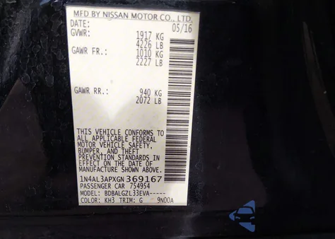 2016 Nissan Altima 2.5/2.5 S/2.5 Sl/2.5 Sr/2.5 Sv from USA, damaged, VIN 1N4AL3APXGN369167